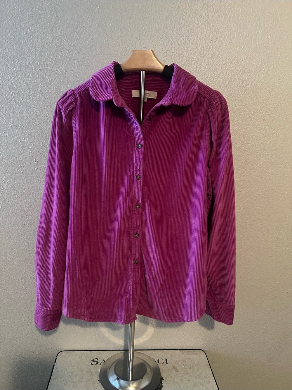 LOFT Top Womens S purple Corduroy Shirt Button Up Puff Sleeve Collar Cotton